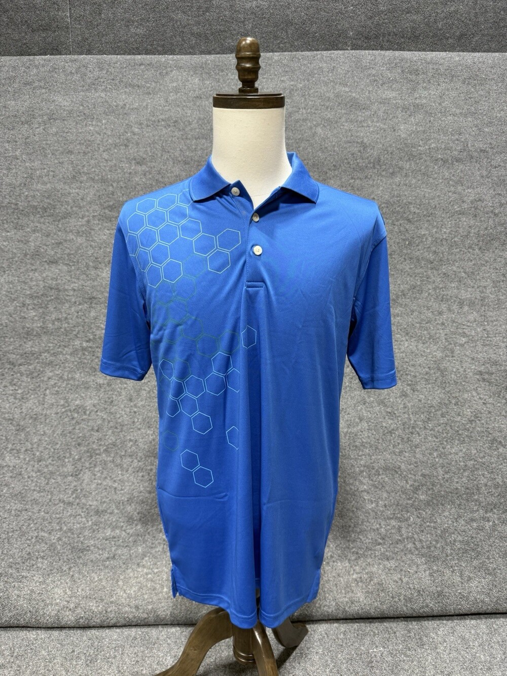 Faldo Claret Green Men’s Golf Polo Shirt Blue Hex Pattern Performance Size S
